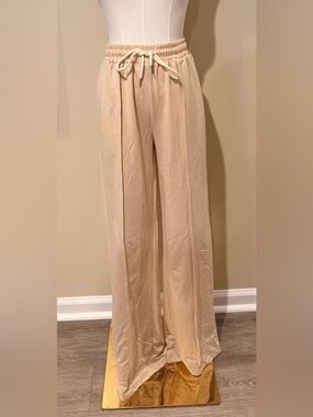 Beige Wide-Leg Drawstring Pants